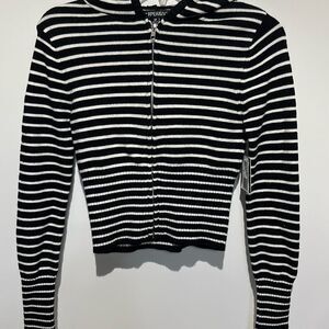 Harper & Ivy Women's Black White Stripe Full Zip Hooded Sweater Medium NWT